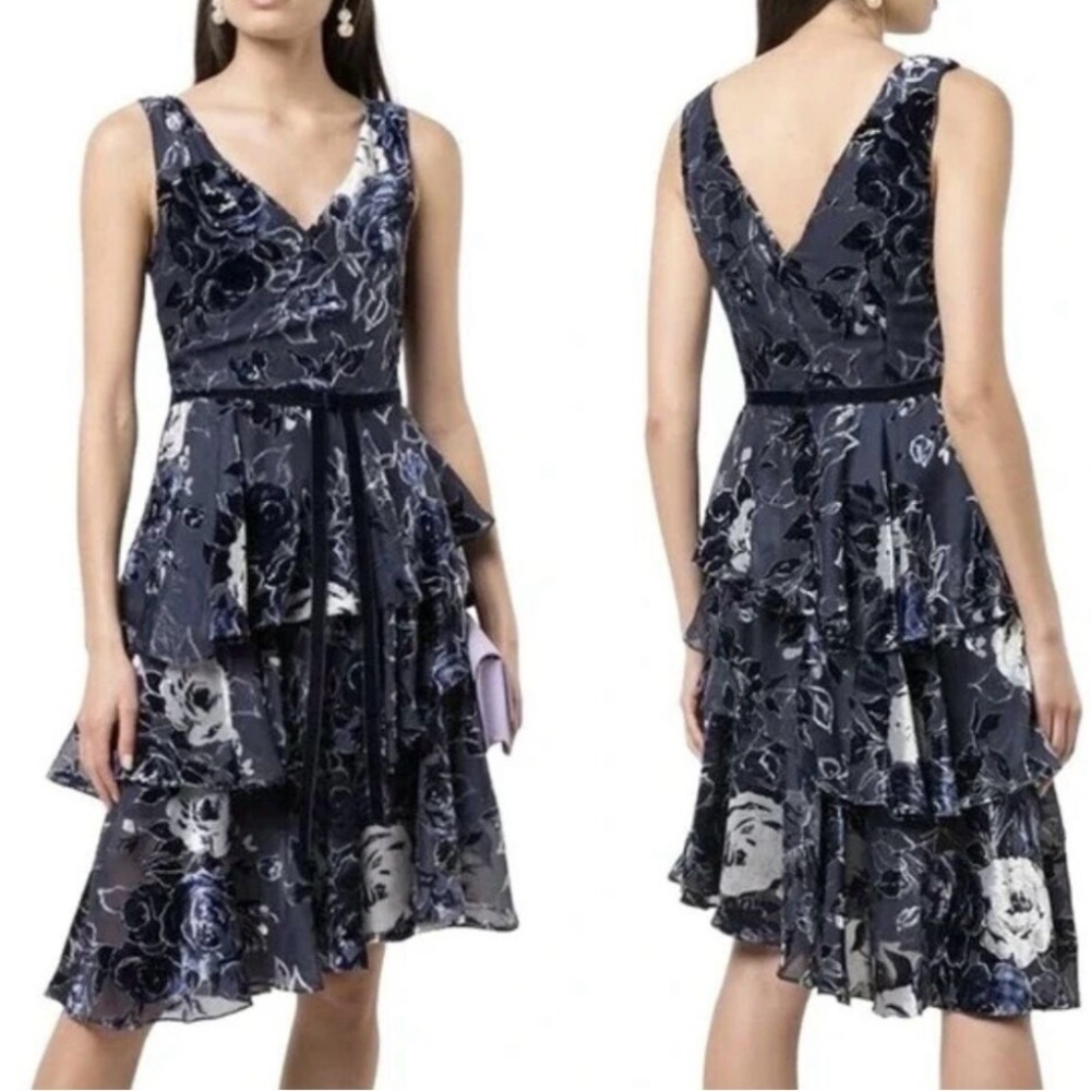 Marchesa Notte Dress Women 2 Floral Velvet Tiered Cocktail Sleeveless Blue